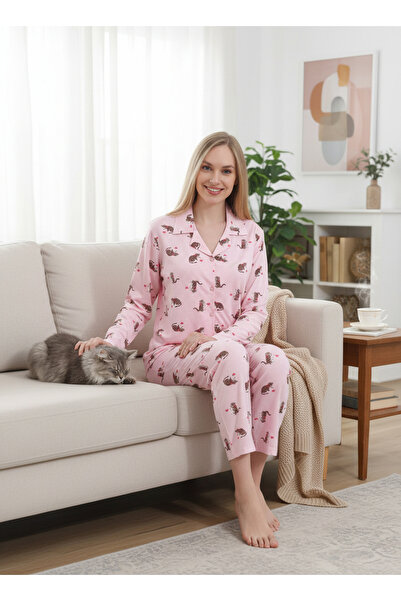SEBOTEKS Cat Patterned Milan Fabric Front Buttoned Long Sleeve Women's Pajama...