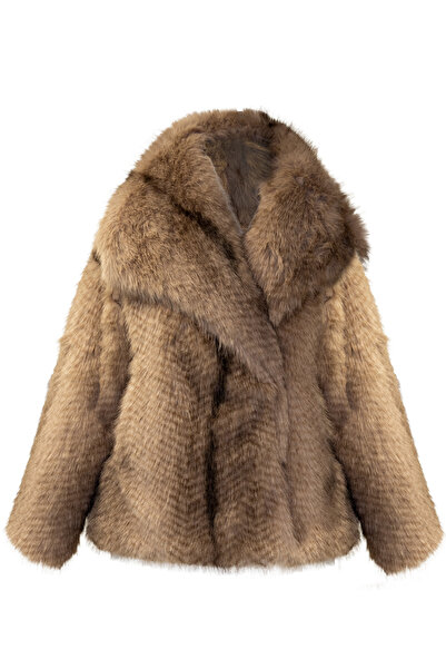 FUREVER FASHION Shawl Collar Faux Fur Raccoon Coat