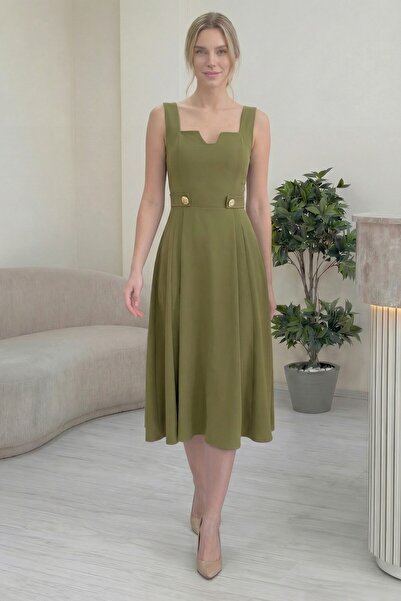 thezkscom Kadın Kare Yaka Düğme Detaylı Midi Boy Elbise Bordo, Lila, Haki, Siyah