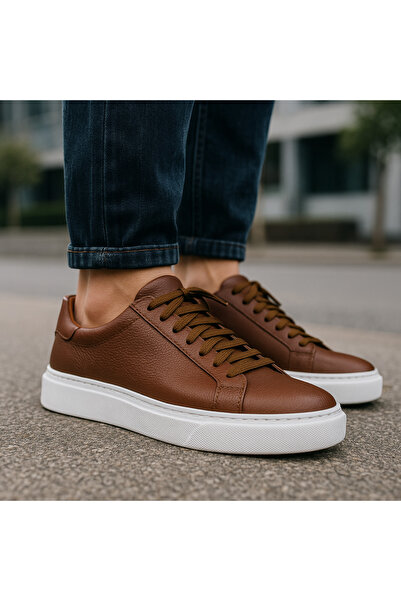 VELORA PARİS "Men's Tan Color Genuine Leather Sneaker - Thick Soled Casual Sp...