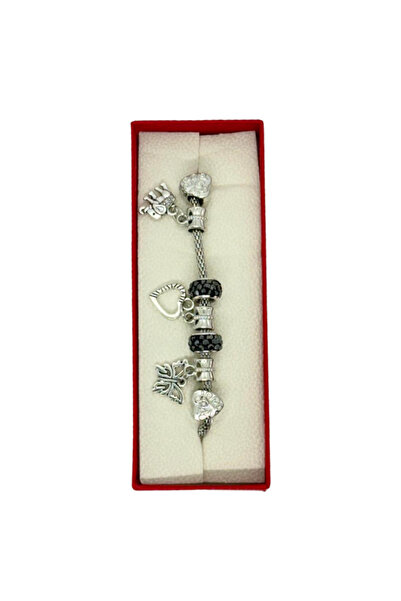 OEM Brățară Argintie cu Charmuri și Mărgele Negre – Cutie Cadou – Accesoriu E...