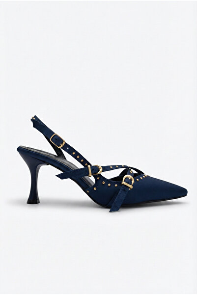 Shoesers Women's Special Design Navy Blue Satin Metal Buckle Accessory Uphols...