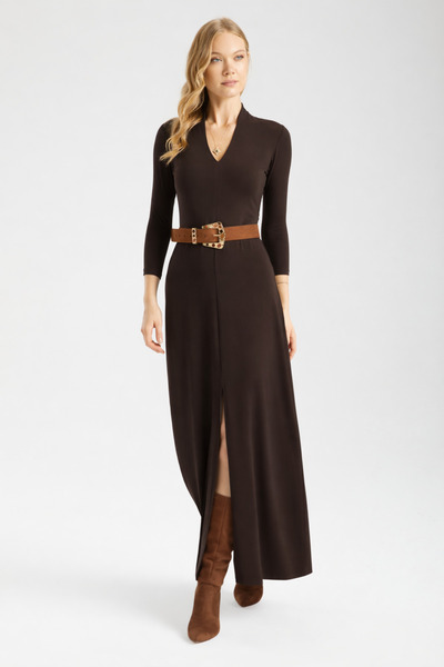 By Yaren Yazıcı Women's Coffee-Colored Slit Detailed Straight-Fit V-Neck Maxi...