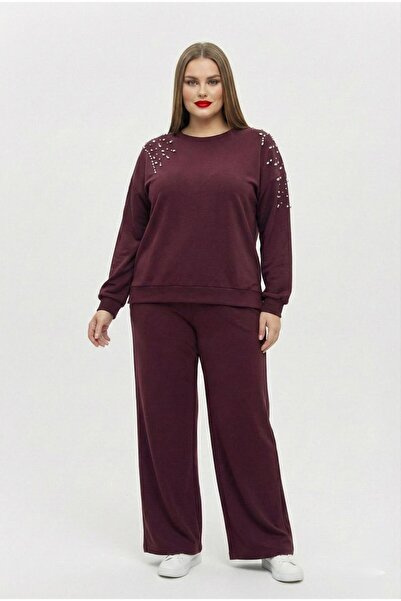 Koza Butik Women's Plus Size Long Sleeve Stone Embroidered Modal Tracksuit Se...