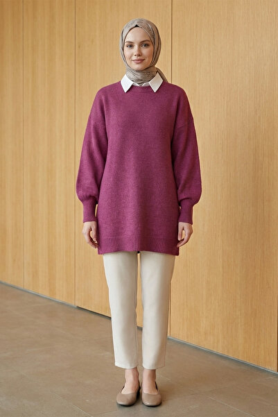 FERHEL Sweater Crew Neck Balloon Sleeve Loose Knitwear Tunic Sweater - Plum