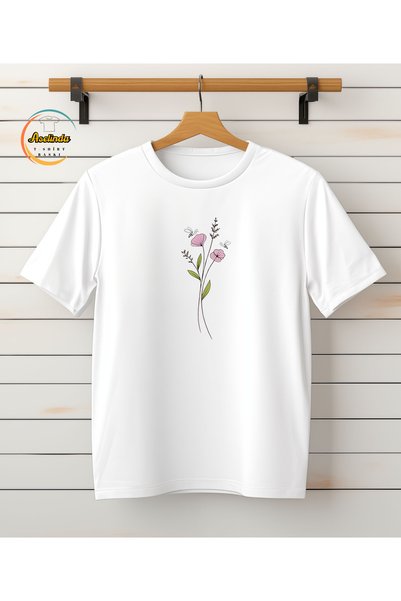 ASELİNDA Floral Printed Cotton Round Neck White T-Shirt