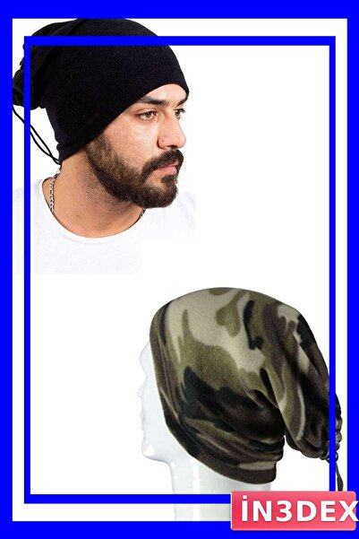 İN3DEX طقم قبعة بولار برباط وغطاء للرقبة بنمط التمويه باللون الأسود