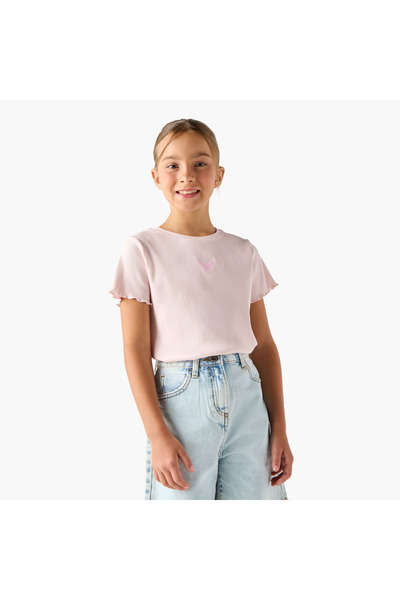 Juniors Ribbed T-shirt with Crew Neck and Lettuce Hem