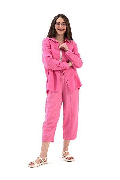 VELİZADE Women's Pink Lace-Up Waist Wide-Leg Linen Shirt Pants Two-Piece Set ...