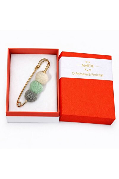 OEM Broșă Mărțișor tip ac de siguranță cu pompoane Alb-Verde-Gri