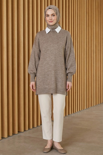 FERHEL Sweater Crew Neck Balloon Sleeve Loose Knitwear Tunic Sweater - Brown