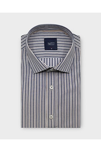 KAMER Men's Slim Fit Long Sleeve Brit Collar Pocketless Striped Gray Shirt 24...