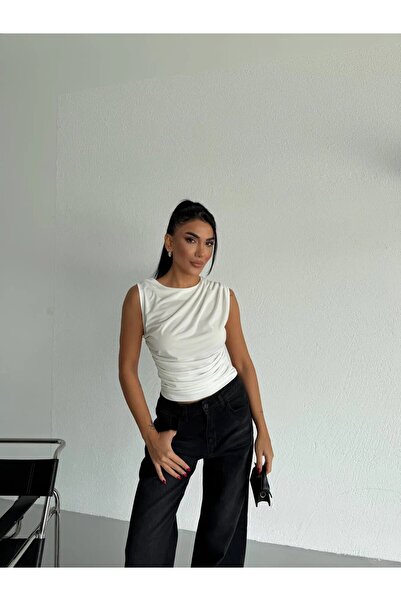 hazelin Women's White Gathered Sleeveless Sandy Blouse Hzl26W-Fry122751