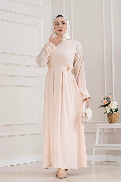 Sevitli Beli Buckle Detailed Hijab Dress-Beige