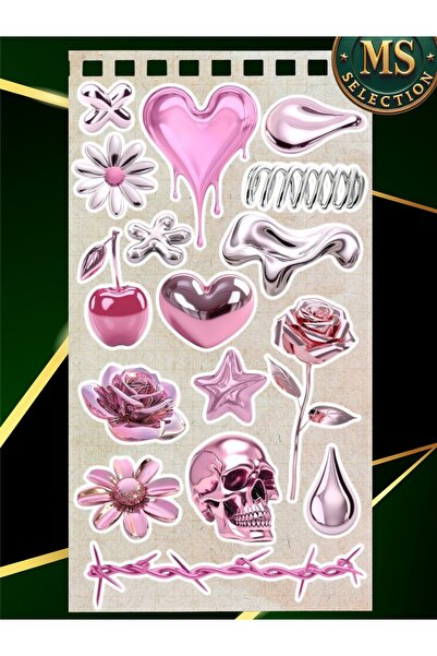 Major Selection Y2K Pink Metallic Sticker Set – Heart, Rose, Skull Glossy Dec...