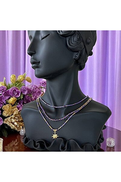 Ezera Elegant 3 Layer Safyia Amethyst Necklace with Purple Miyuki and Gold Pl...