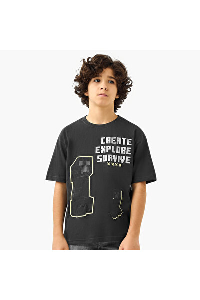 MINECRAFT Creeper Print T-Shirt with Short Sleeves