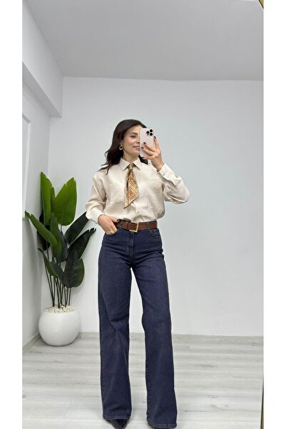 TUNAM BUTİK 8410 Scarf Detailed Ayrobin Linen Shirt Beige