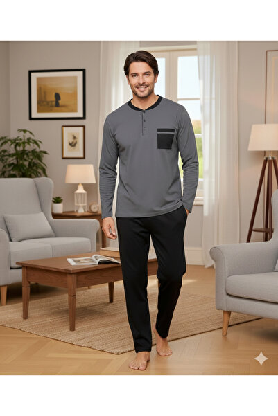 CALİA Men's Anthracite Compact Combed Cotton Buttoned Henley Collar Long Slee...