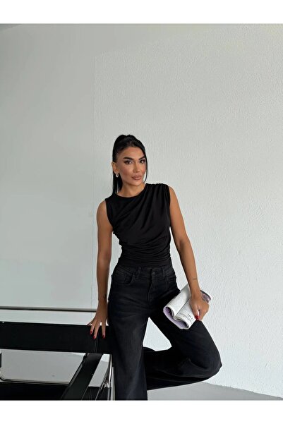 hazelin Women's Black Gathered Sleeveless Sandy Blouse Hzl26W-Fry122751