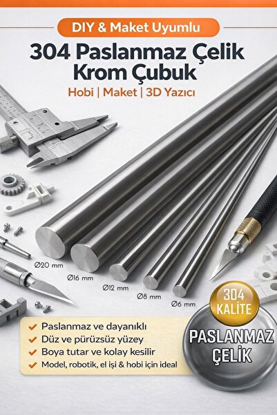 abcpaslanmaz Krom Mil Ø6 mm | 1 Metre | 3 Adet | Paslanmaz Çelik Çubuk Seti