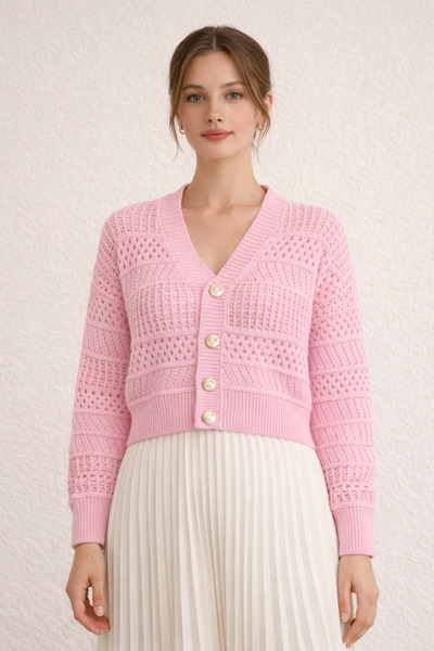 FERHEL Openwork Buttoned Knitwear Cardigan - Pink