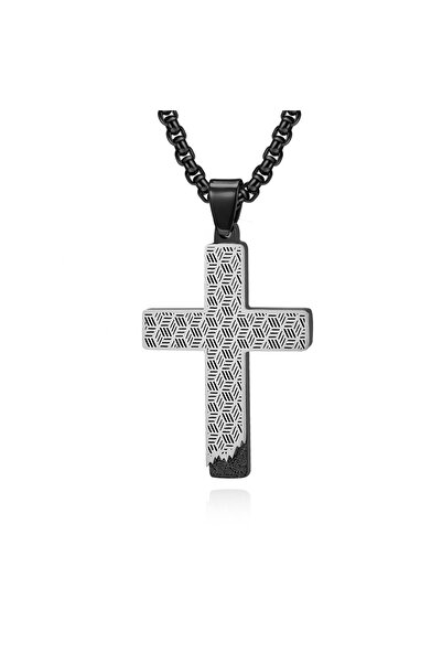 Tessero Lant Barbatesc Black & Silver - Pandantiv Cruce cu Textura Geometrica...