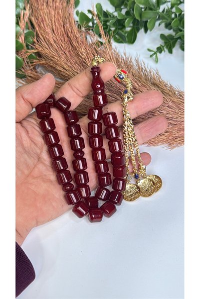vevasilver Red Powder Amber Prayer Beads, Tassel, Master Craftsmanship, Rhodium Plating