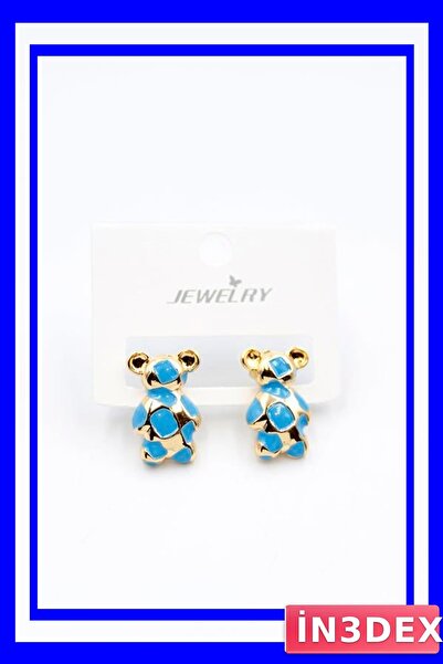 İN3DEX Turquoise Colored Enamel Teddy Bear Patterned Earrings