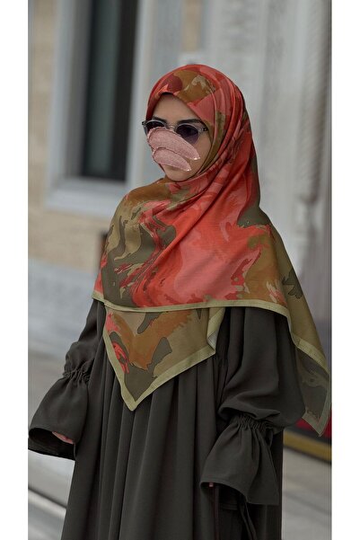 Qalortex Scarf Cotton Soft Erva Pattern Scarf-Orange/Oil Green