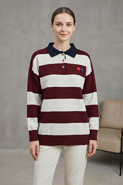 FERHEL Women's Shirt Collar Buttoned Heart Embroidered Knit Sweater - Burgundy