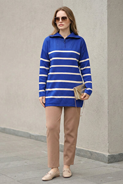 FERHEL Women's Striped Knitwear Tunic Sweater with Zipper Collar - Saks Blue