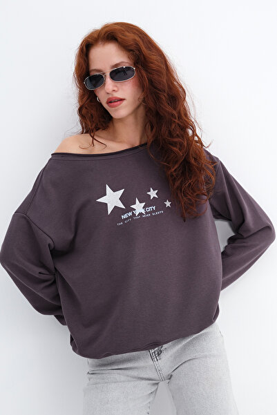 Addax Kayık Yaka Star Printed Sweatshirt S10656