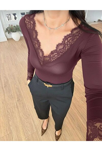 newmisal Women's V-Neck Transparent Lace Detail Cashmere Ultra Light Blouse