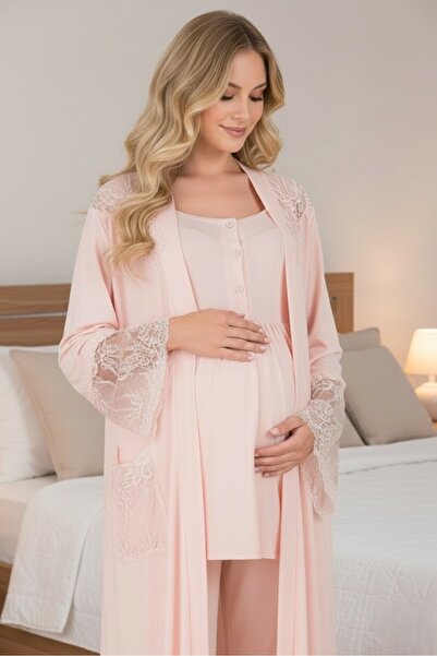 Lohusa Homewear New Season Pink Summer Short Lace Sleeve Design Buttoned Mate...