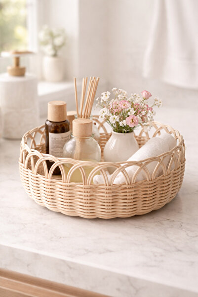 fatimehomedecor El Yapımı Rattan Organizer Sepet 20x20 cm – Doğal Hasır Banyo...