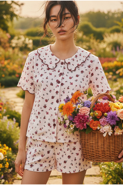 Siyah İnci White Pink Floral Patterned Wrinkled Embroidered Buttoned Shorts S...