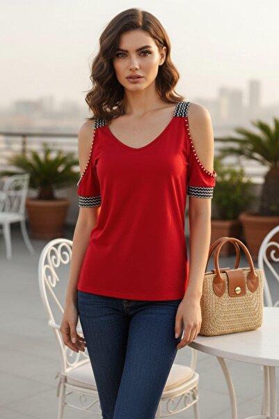 Mossta Off-The-Shoulder V-Neck Viscose Blouse - Red