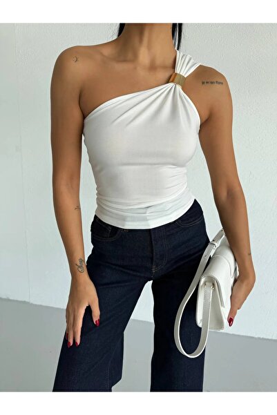 hazelin Women's White One-Shoulder Sandy Blouse with Gold Metal Detail Hzl26S...