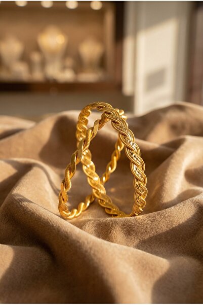 FerizZ Altın Kaplama İmitasyon İkili Burma Bilezik Ve İnce Örgü Bilezik Kombi...