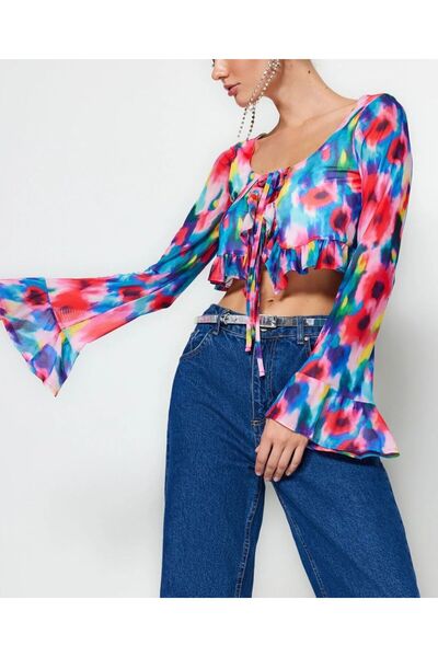 Linich&Co Women's Colorful Spanish Sleeve Ruffle Tulle Blouse 9405