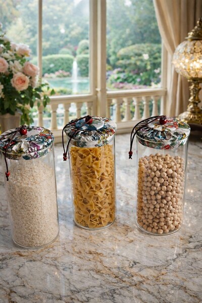 morponi Set of 3 Borosilicate Glass Jars with Ethnic Patterned Fabric Covers ...