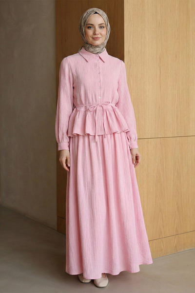 FERHEL Women's Blouse Skirt Ruffled Buttoned Waist Tie Blouse Skirt Set - Pink