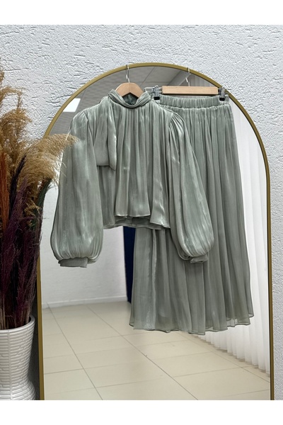 MİHRA STORE Alçiçek Shoulder Scarf and Janjan Skirt Set-Ge813 Mint