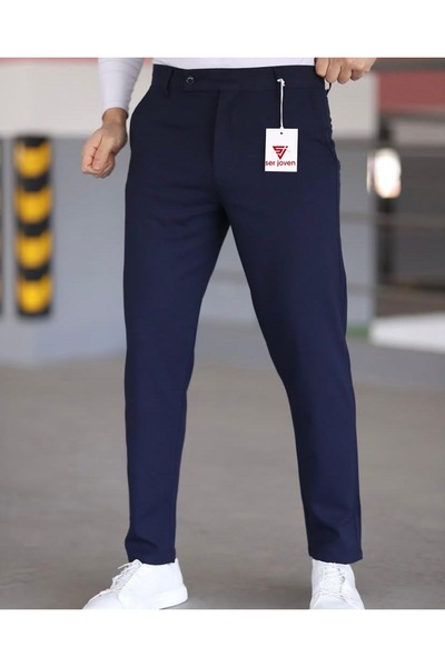 Ser Joven Men's Navy Blue Slim Fit Lycra Side Pocket Ankle Length Plain Fabri...