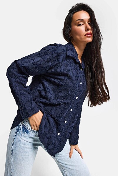 it's basic Women's Navy Blue S6-56 Special Fabric Loose Fit Elastane Shirt