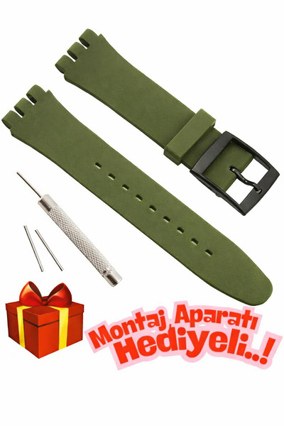 onlinekordon Swach Uyumlu Içten Içe 19mm Haki Yeşil Silikon Saat Kordonu Kayışı