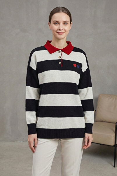 FERHEL Women's Shirt Collar Buttoned Heart Embroidered Knit Sweater - Navy