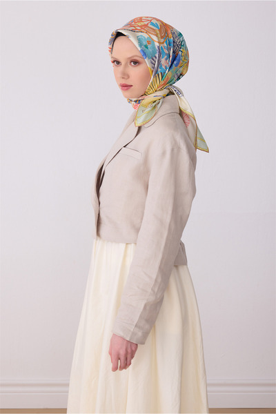 Belli Eșarfă albastră cu model multicolor 100% twill mătase 4324-81