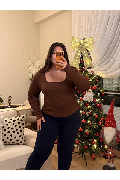 PASTEL BUTİK Square Neck Modal Blend Blouse - Brown